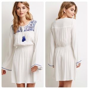 Forever 21 White and Blue Embroidered Dress